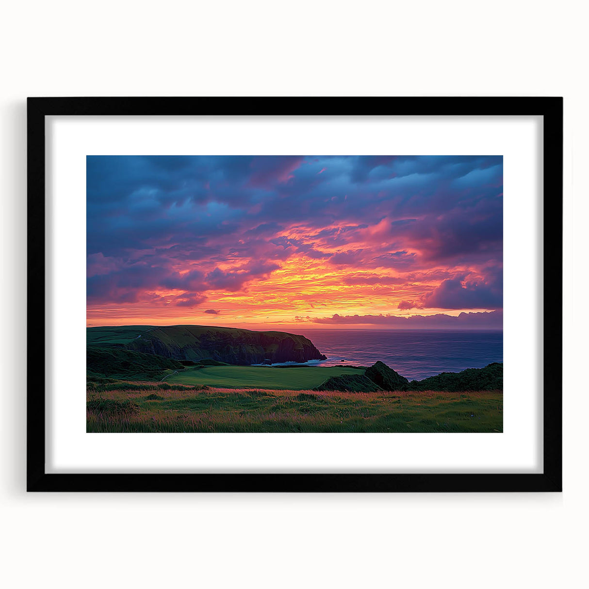Framed black landscape art featuring dramatic cliffs and serene scenery, perfect for home decor. This piece adds a modern touch to any interior design.