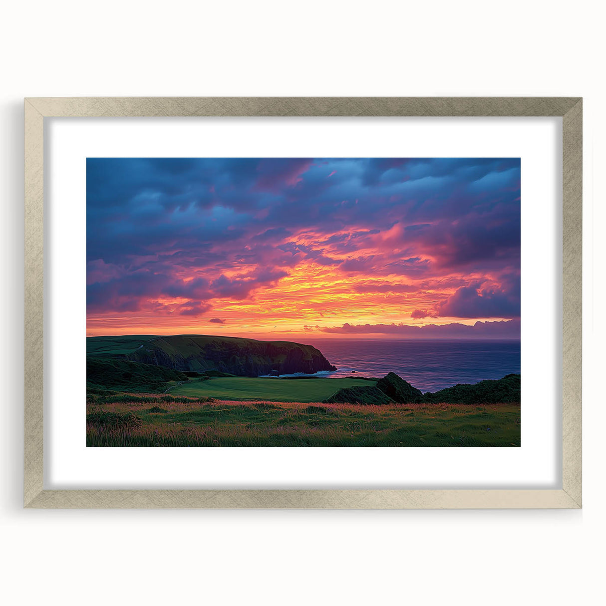 Framed landscape artwork showcasing dramatic cliffs under a clear blue sky, highlighted by a sleek silver mat, perfect for modern home decor and nature lovers.