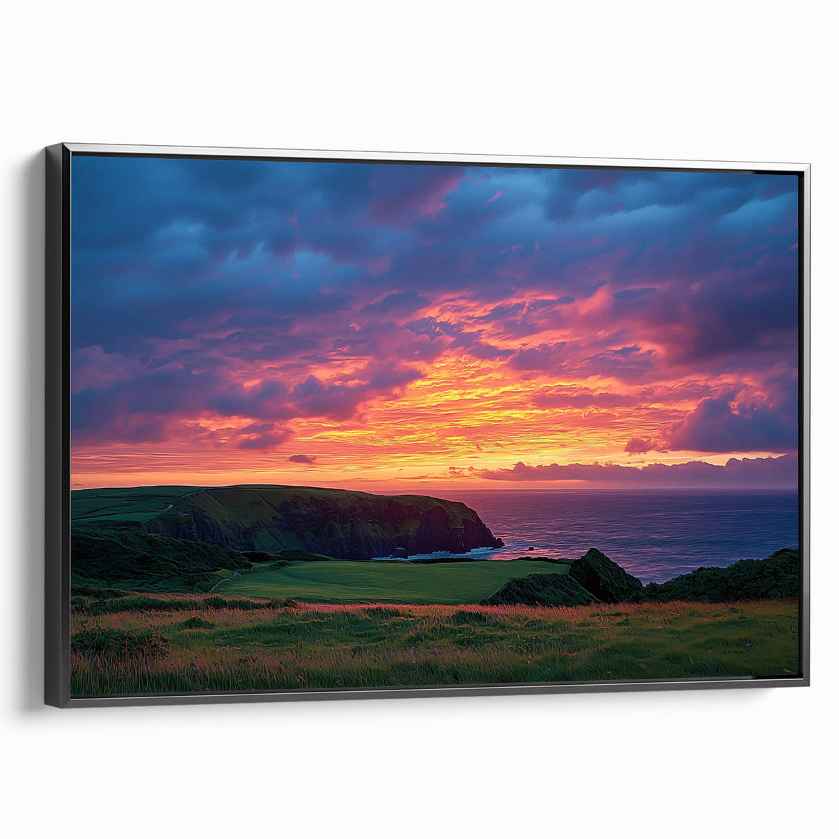Framed canvas artwork showcasing a dramatic landscape of cliffs, with a sleek black frame accentuating the vibrant colors of the scene, perfect for modern home decor.