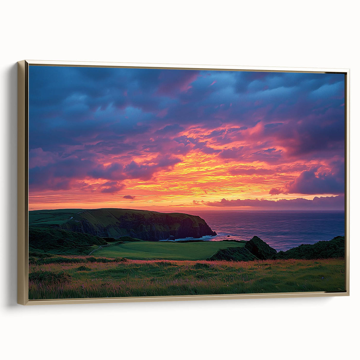 Framed canvas artwork showcasing a breathtaking landscape of rugged cliffs with golden accents, ideal for modern home decor. The side view highlights the frame's elegant design, enhancing any interior space.