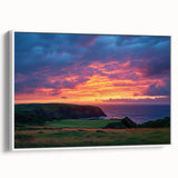 Framed canvas artwork depicting a stunning landscape of cliffs, showcasing vibrant colors and intricate details, with a sleek white frame enhancing its elegance. Perfect for home decor or art enthusiasts.