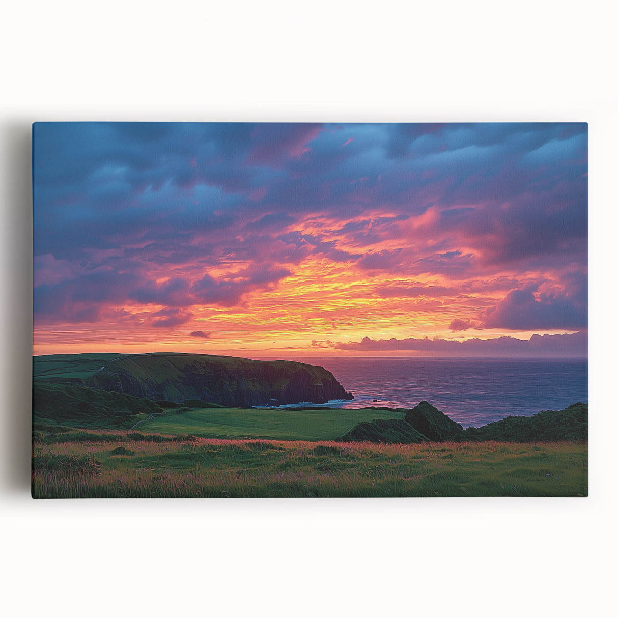 Stretched canvas artwork showcasing a breathtaking landscape of rugged cliffs under a bright blue sky, perfect for adding a natural touch to home decor.