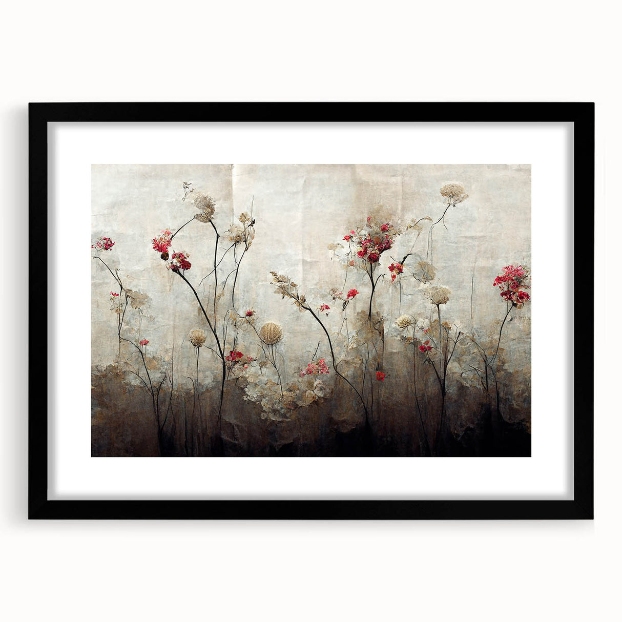 Abstract floral wall art featuring vibrant colors and intricate designs, framed in black with a mat, perfect for modern home decor and interior styling.