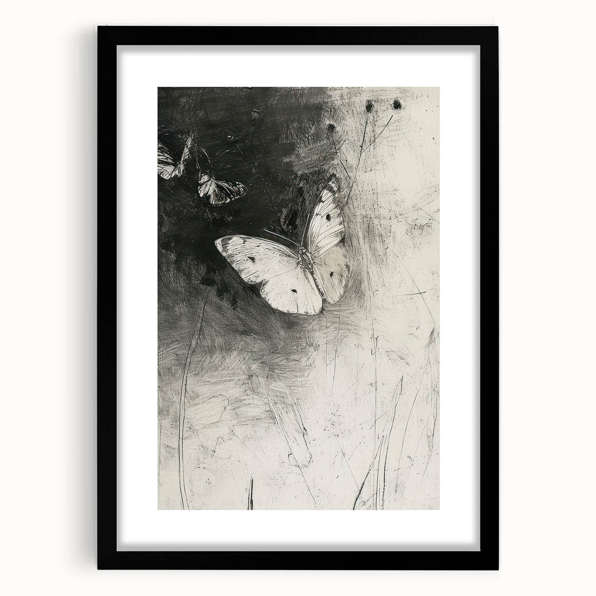 Black-framed animal-themed artwork featuring intricate designs and a white mat, ideal for home decor or gallery display, showcasing wildlife in a stylish presentation.