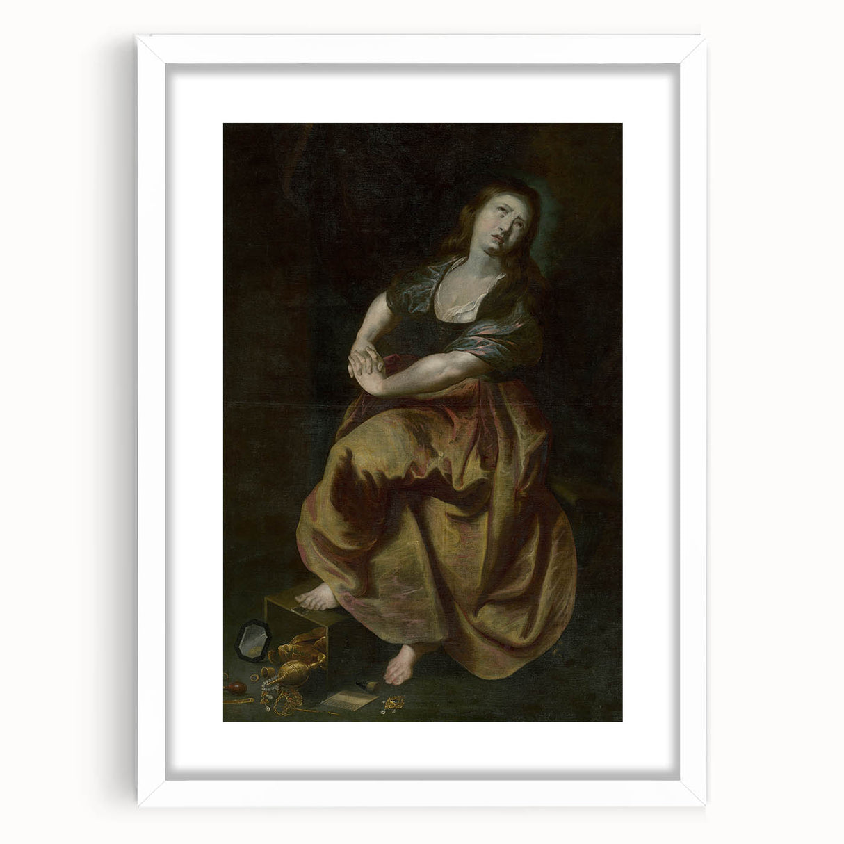 Antique Art Print Featuring Reflective Female Figure