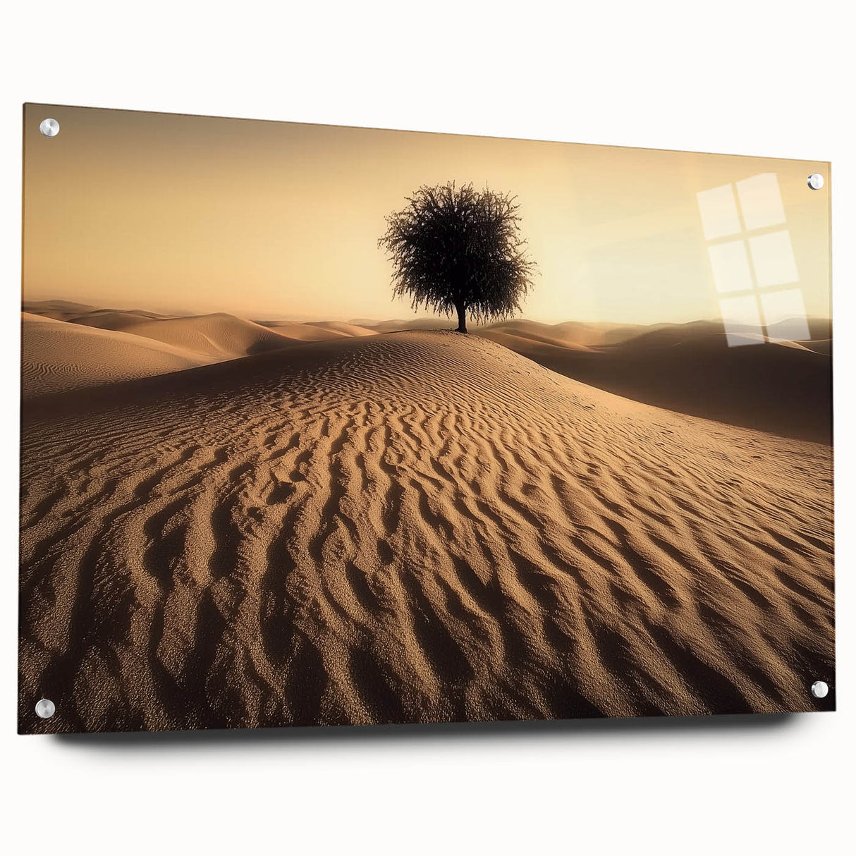 Acrylic glass artwork showcasing a vibrant landscape of serene beaches, viewed from the side with decorative pins, perfect for coastal-themed home decor.