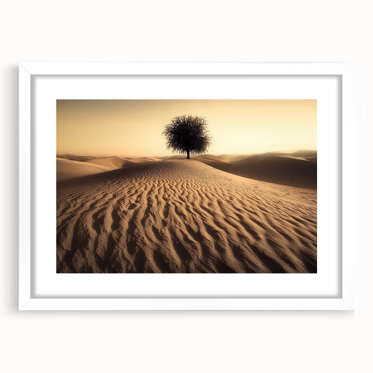 Framed artwork featuring a serene beach landscape with soft colors, white matting, and a sleek wooden frame, perfect for coastal home decor. This piece captures the essence of tranquility and is ideal for enhancing interior spaces.