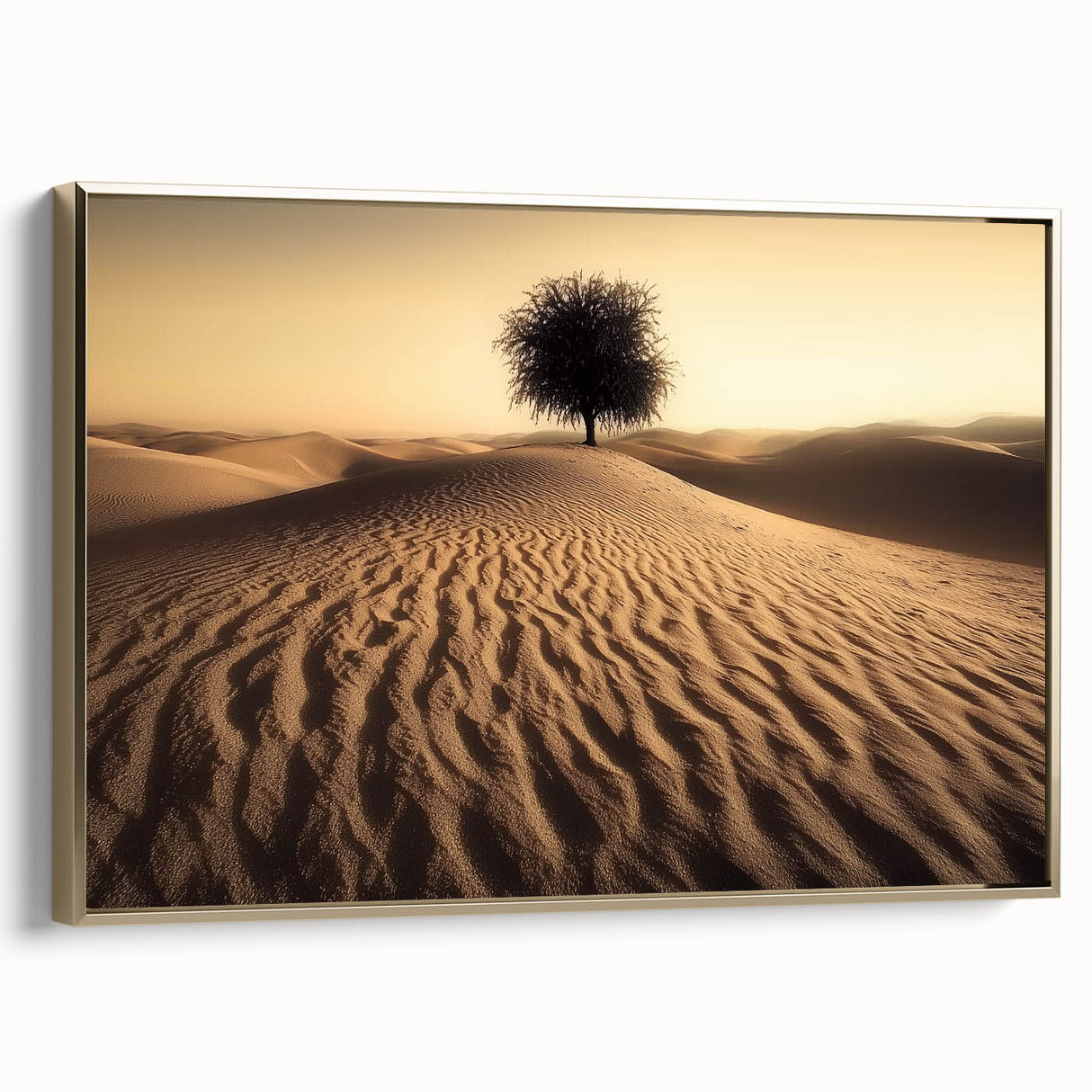 Framed canvas artwork depicting a serene beach landscape with golden accents, showcasing tranquil ocean waves and a vibrant sunset, ideal for home decor.