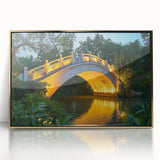 Framed acrylic artwork showcasing a stunning landscape bridge in gold tones, elegantly displayed against a white background, perfect for modern home decor.