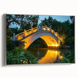 Framed canvas artwork depicting a serene landscape bridge scene, showcasing vibrant colors and intricate details, elegantly displayed with a silver frame.