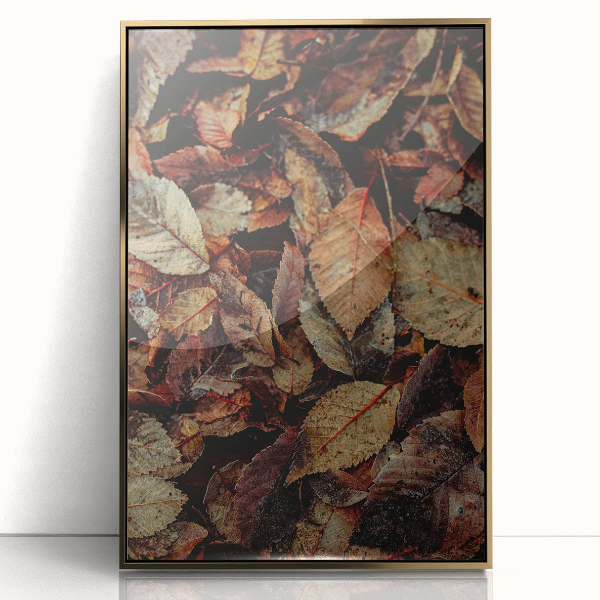 Large acrylic print of a mid-century modernist fall scene in warm gold and orange tones, ideal for nursery wall decor.