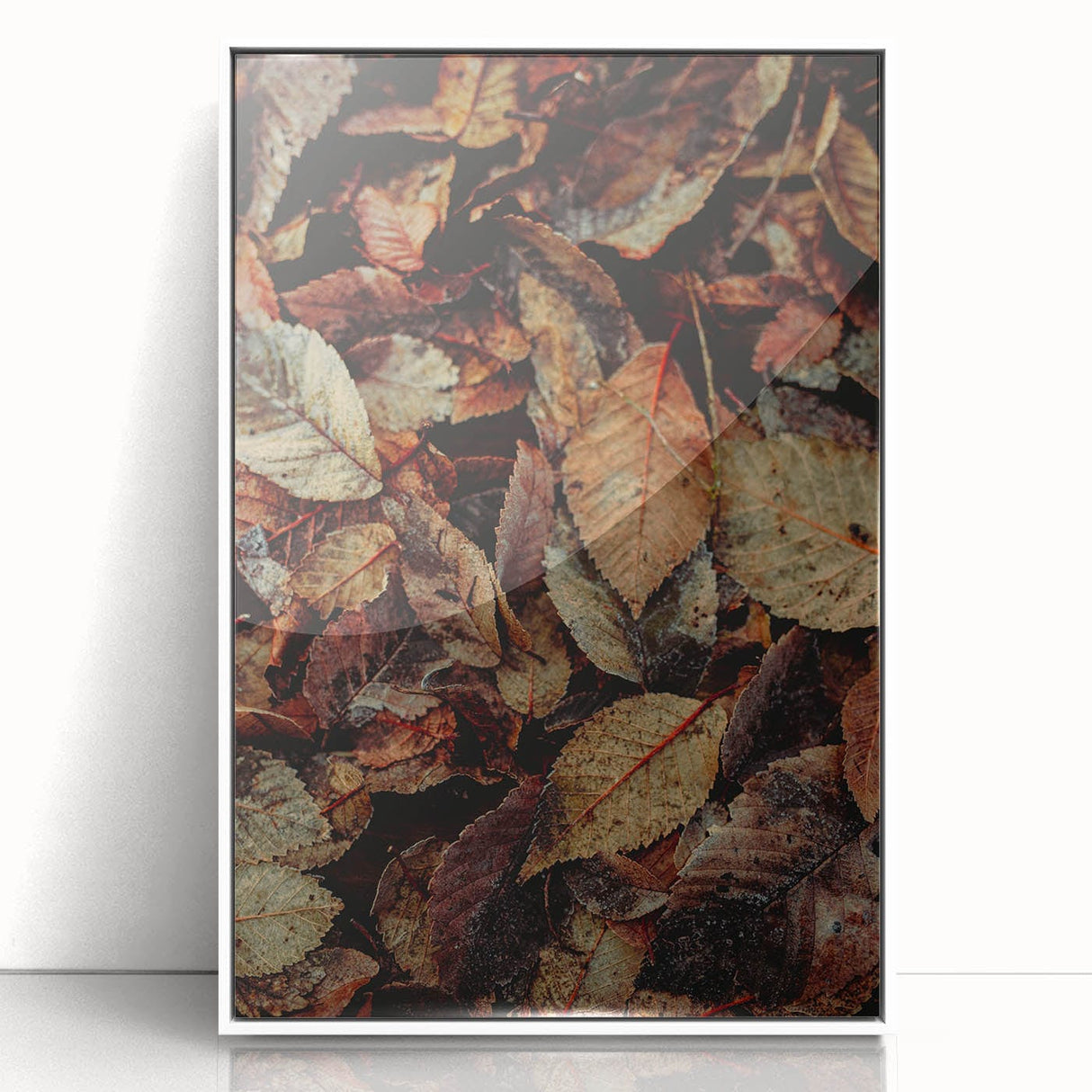 Art deco poster depicting a stylized fall scene in orange and brown hues, framed in white acrylic.