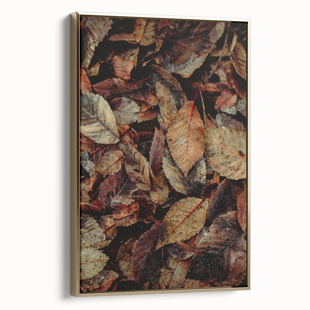 Vintage poster art of a fall landscape, featuring a black and gold color palette on a framed canvas.