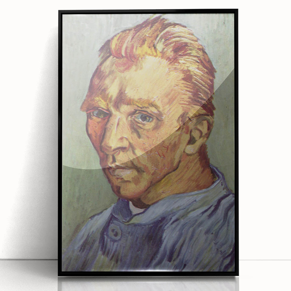 Large abstract wall art featuring swirling blue and yellow patterns on a black acrylic frame.