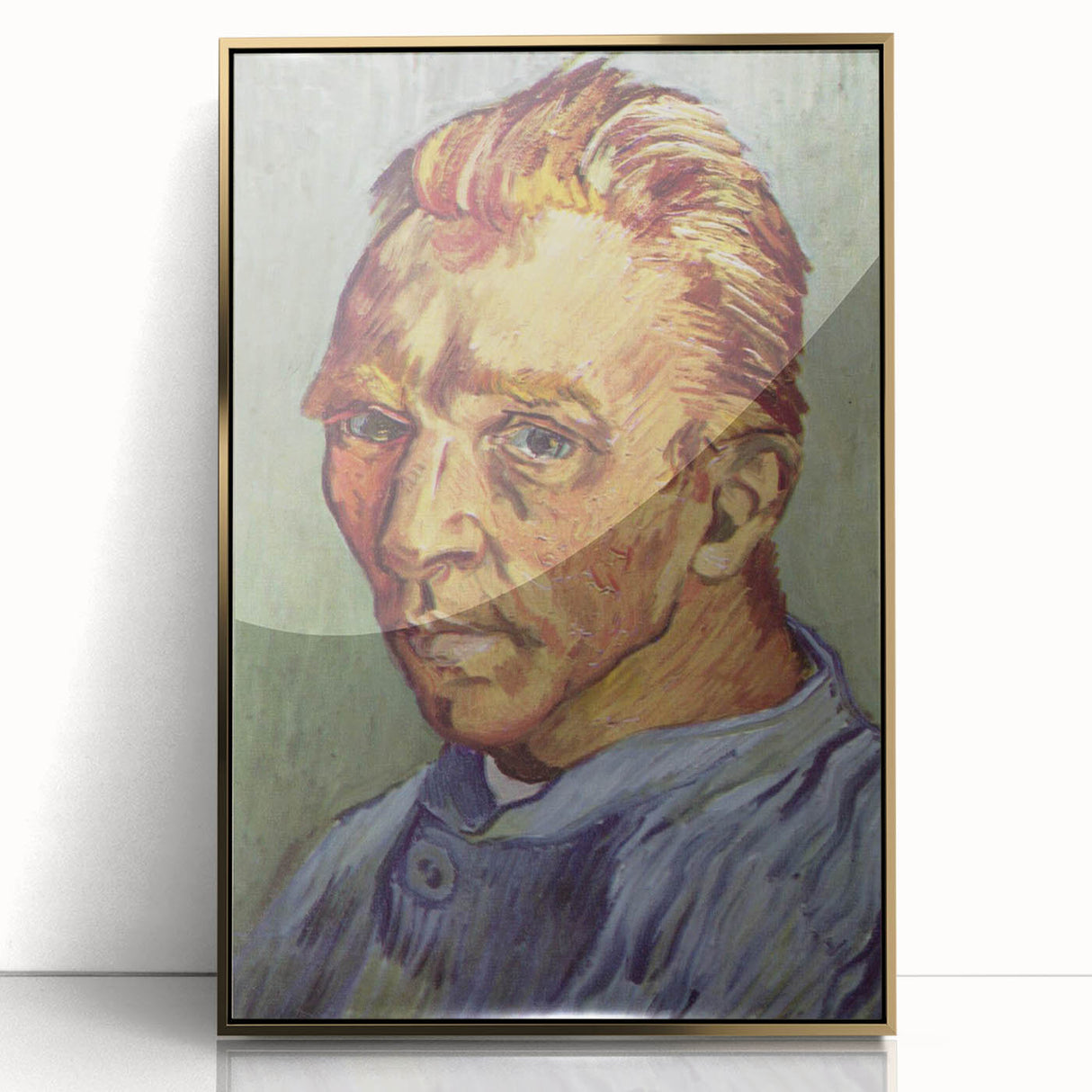 Large art print of Van Gogh's Starry Night in gold frame, featuring swirling blue and yellow tones.