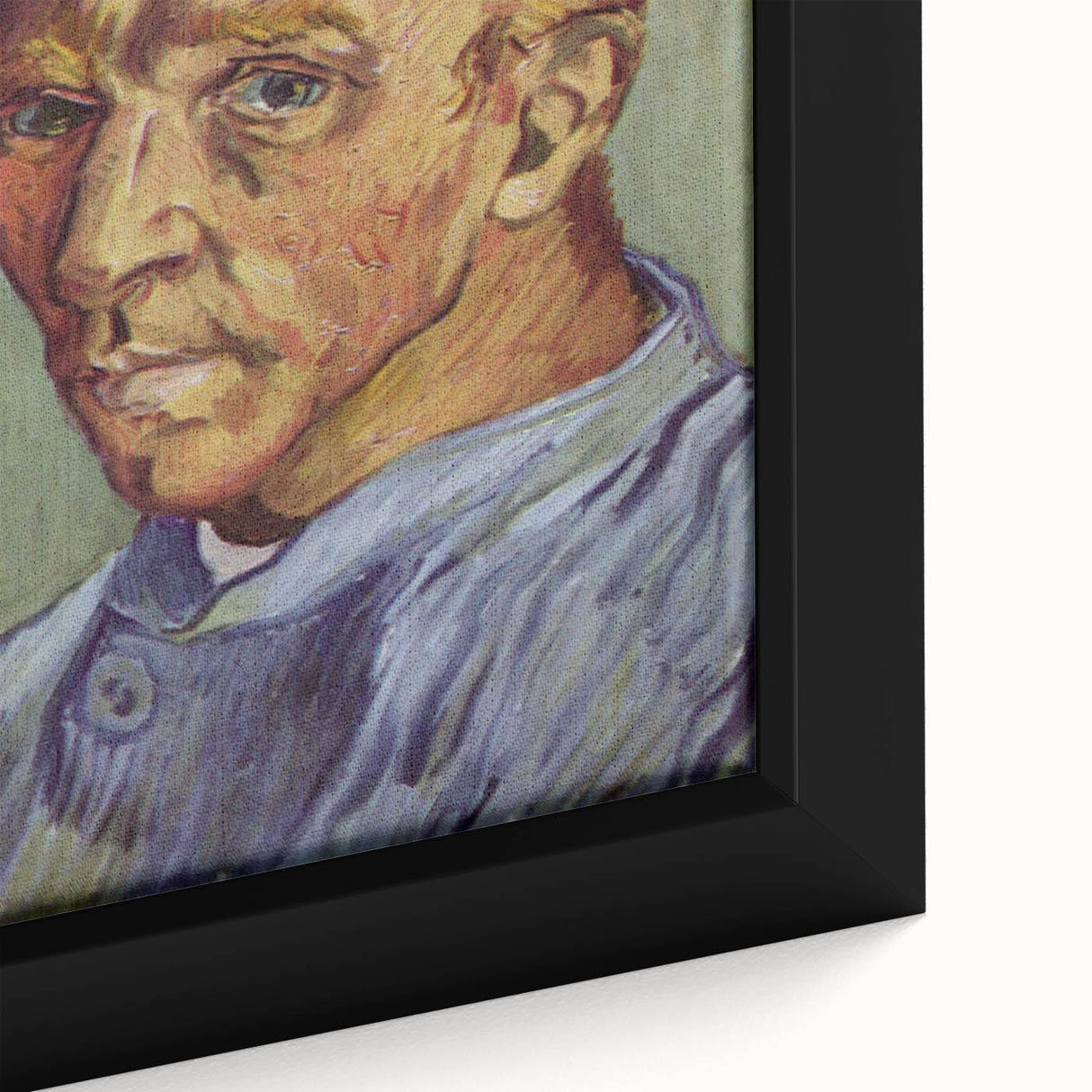 Close-up of a textured, extra large framed canvas depicting a colorful abstract design in black and vibrant hues.