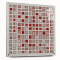 Abstract geometric acrylic glass design showcasing vibrant colors and dynamic shapes, viewed from the side with visible pins for mounting. Perfect for modern decor.