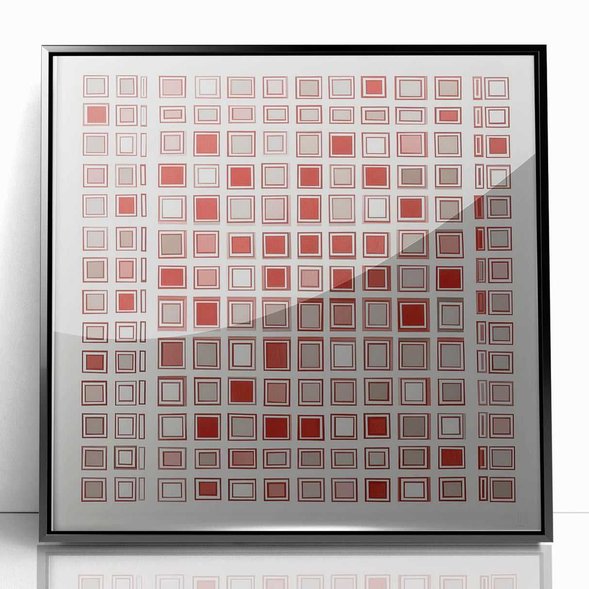 Abstract geometric framed acrylic artwork in black, showcasing intricate shapes and patterns, ideal for modern home decor or office settings. The sleek design emphasizes a contemporary aesthetic, making it a striking focal point for any room.