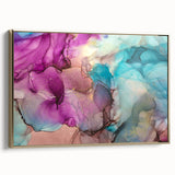 Framed canvas artwork showcasing abstract gold splatter design, featuring a sleek side view that highlights its modern aesthetic and elegant finish, perfect for contemporary decor.