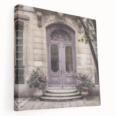 Side view of a large stretched canvas depicting a vintage French door design in muted earth tones.