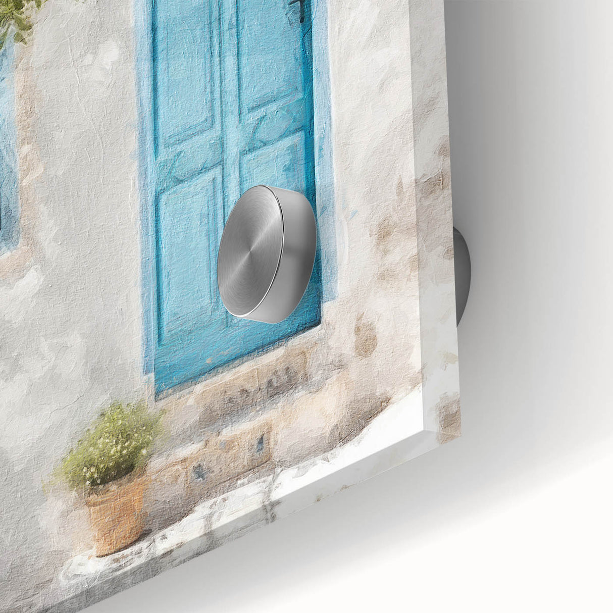 Close-up of a Greek architecture door design on acrylic glass, featuring earth tones, ideal for dining room art.