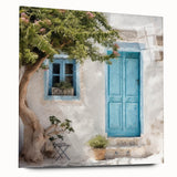 Large abstract wall art of a Greek door design in muted earth tones on acrylic glass, ideal for bedroom or dining room decor.
