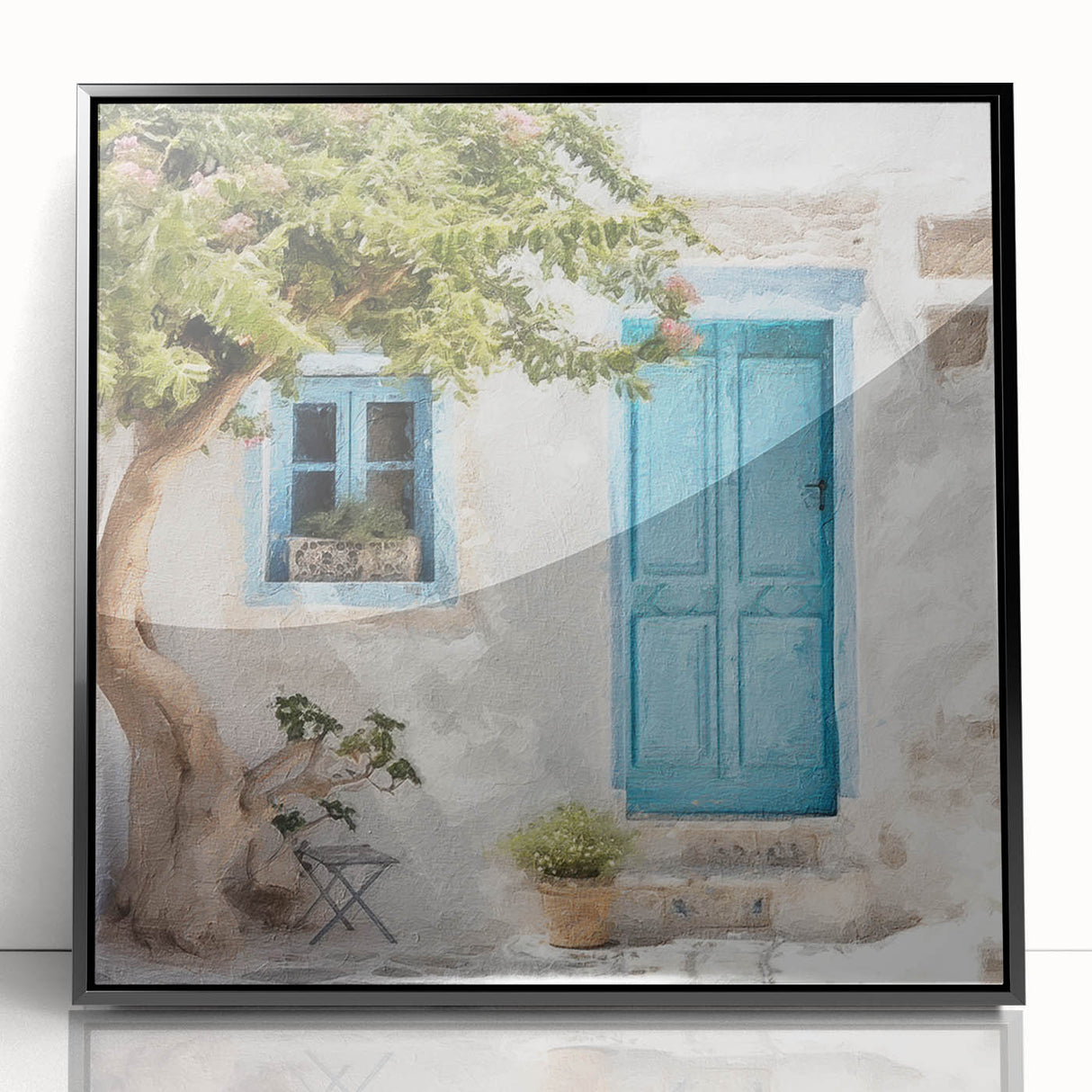 Large abstract wall art featuring a Greek door design in black and white, framed in acrylic.