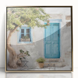 Mid-century modernist acrylic print of a Greek door design in gold and white, ideal for nursery wall decor.