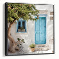 Black and white framed canvas featuring a vintage poster art style of a Greek door architecture.