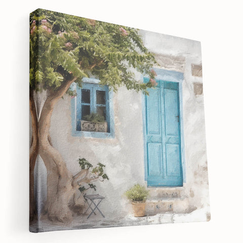 Side view of a large stretched canvas depicting a Greek door design in natural stone colors, suitable for kitchen wall art.