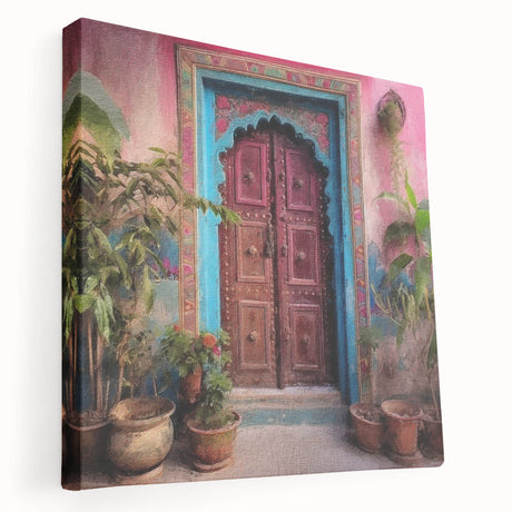 Indian architecture door design on stretched canvas in rich earth tones, suitable for kitchen wall art.