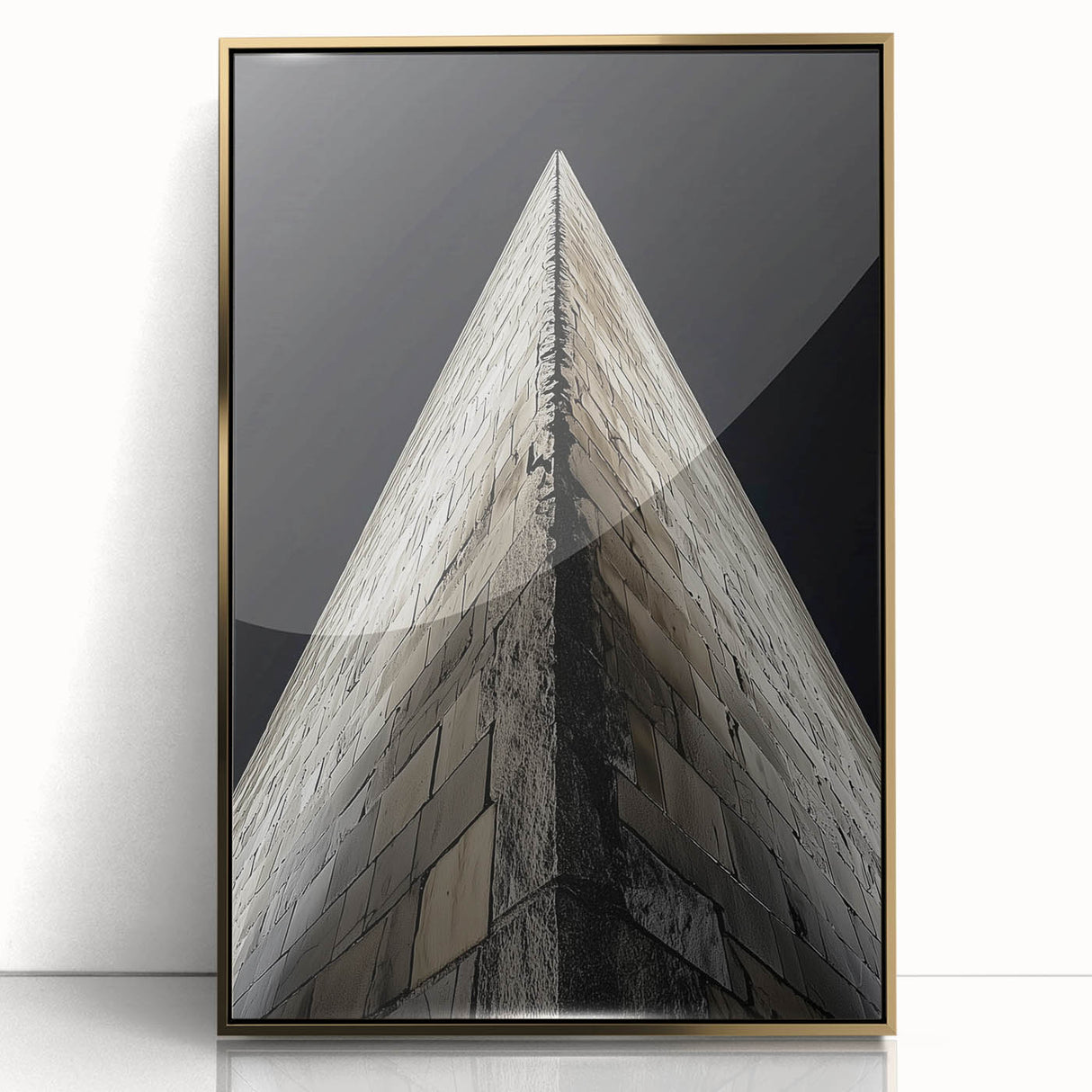 Large art print of a mid-century modernist architecture in gold and black tones, acrylic framed.