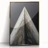 Large art print of a mid-century modernist architecture in gold and black tones, acrylic framed.