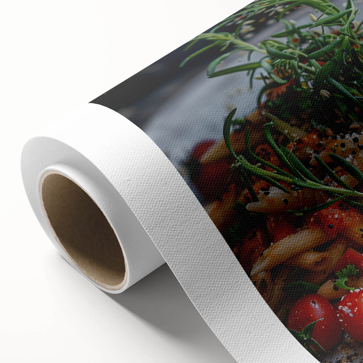 Art deco poster featuring colorful dishes on rolled canvas, ideal for dining room wall art.