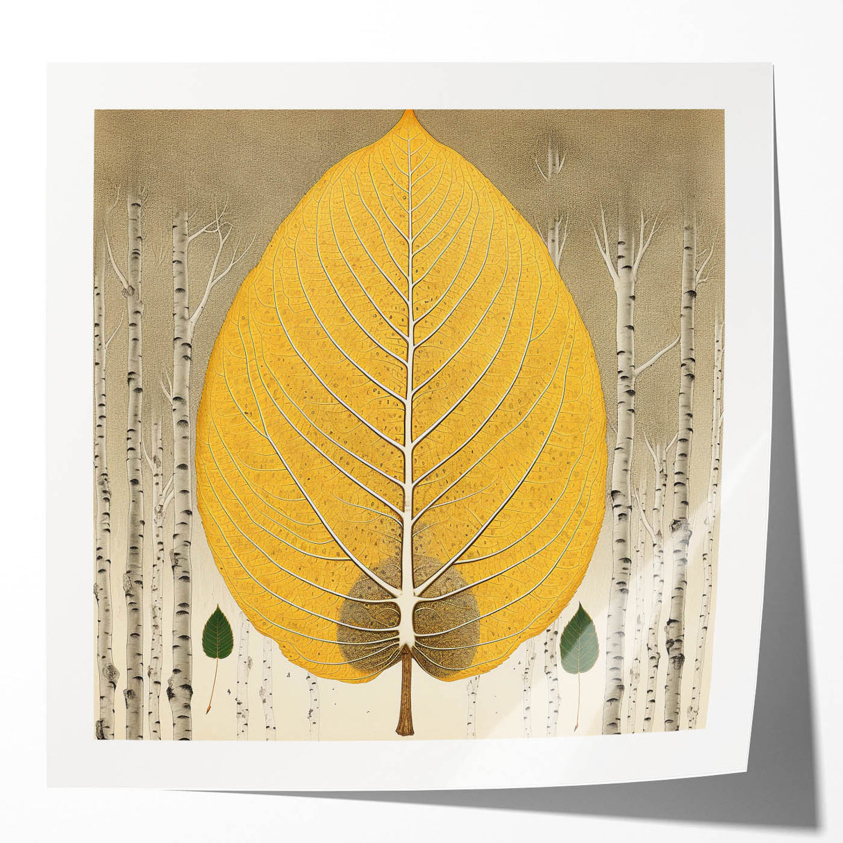Colorful wall art print featuring a vibrant floral and botanical design, showcasing detailed leaves and flowers on a glossy background, ideal for home decor.