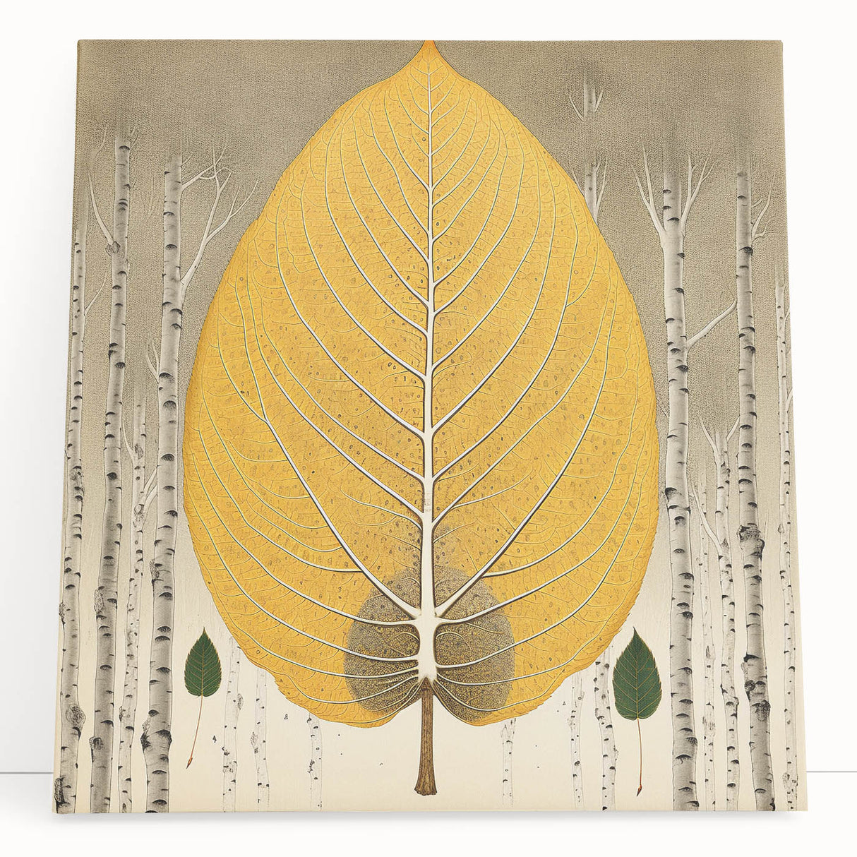 Stretched canvas wall art depicting a vibrant floral design with green leaves, perfect for home decor. Ideal for adding a touch of nature to any space.