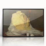 Large abstract wall art of assorted pastries in muted earth tones, framed in black acrylic.