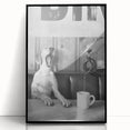 Large abstract wall art depicting food and people in mid-century modernist style, framed in black acrylic.