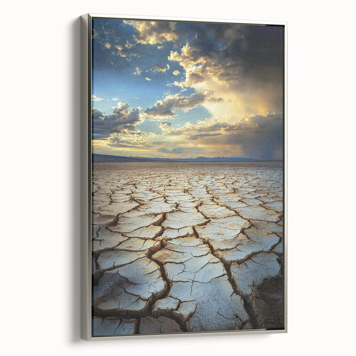 Framed canvas artwork showcasing a serene landscape in vibrant hues, elegantly bordered with a silver frame, ideal for enhancing modern home decor.