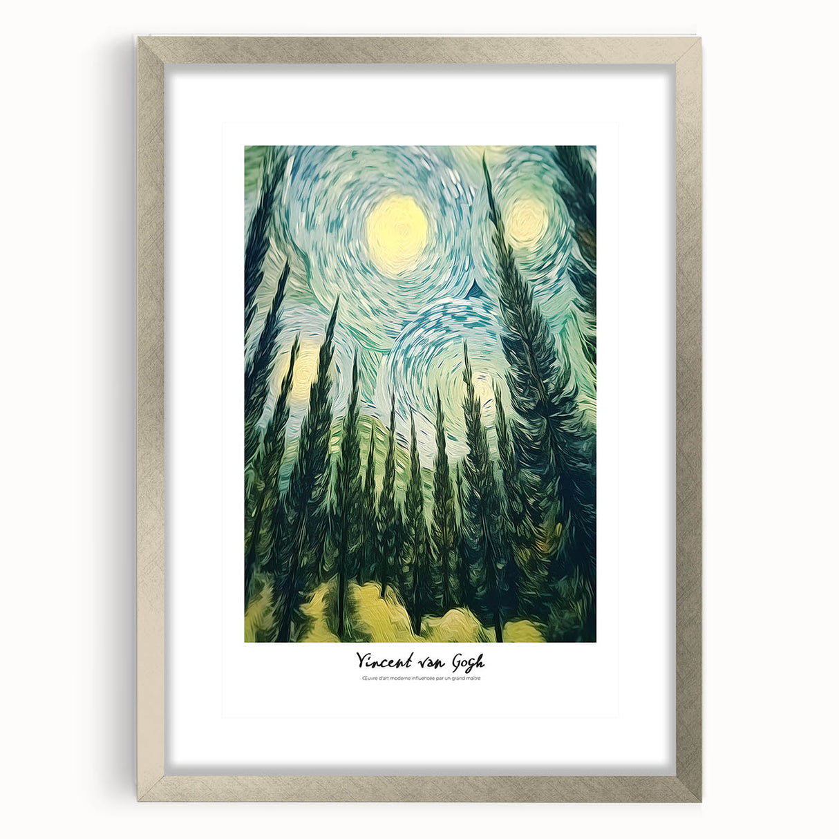 Textured abstract art print of swirling blue and yellow hues on a framed canvas, suitable for bedroom decor.
