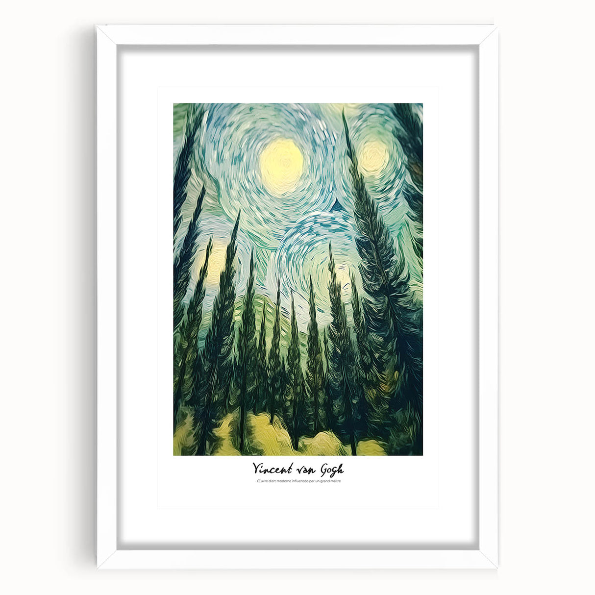 Abstract art print of swirling blue and yellow patterns, framed with a white mat, ideal for bedroom or dining room decor.
