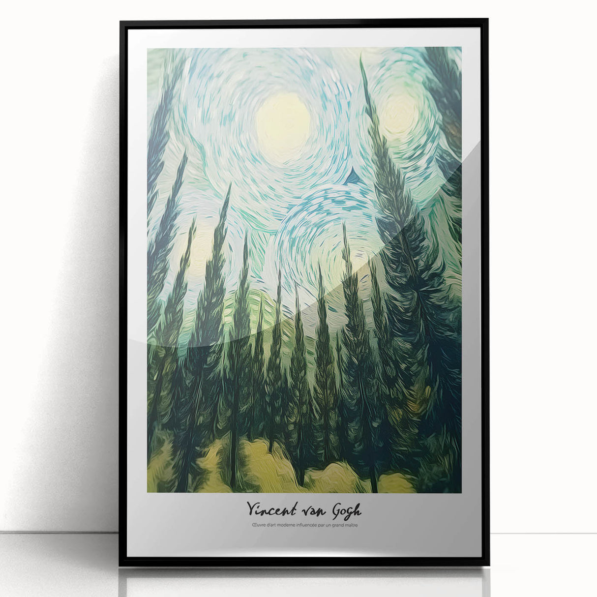 Large abstract wall art featuring swirling blue and yellow patterns, framed in black acrylic.