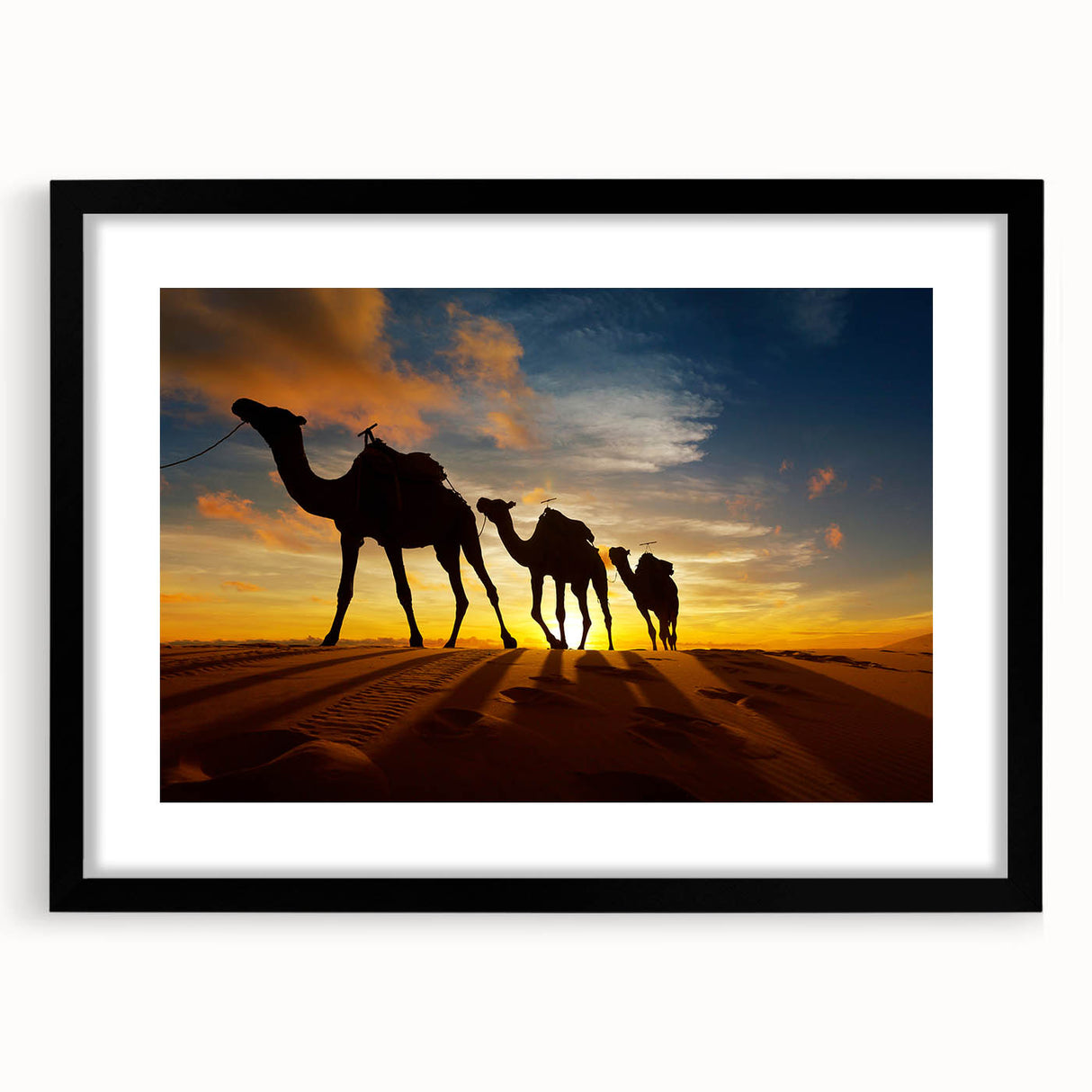 Extra large, colorful abstract art print of African scenery in a black frame, ideal for living room decor.