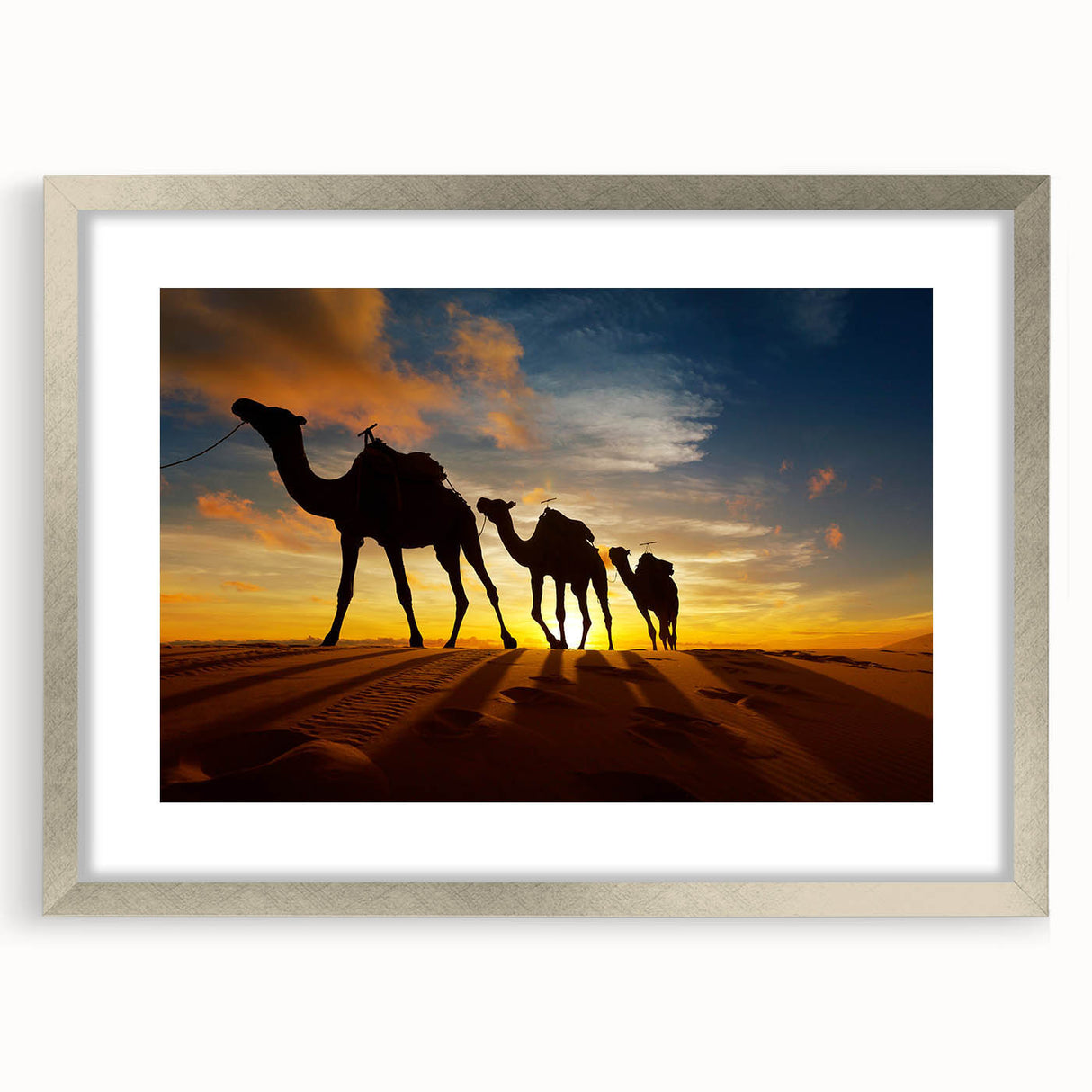 Abstract art print of Algerian scenery in silver frame, featuring muted earth tones, ideal for dining room decor.