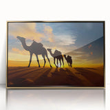 Mid-century modernist art depicting an Algerian landscape in gold and earth tones on a framed acrylic print.