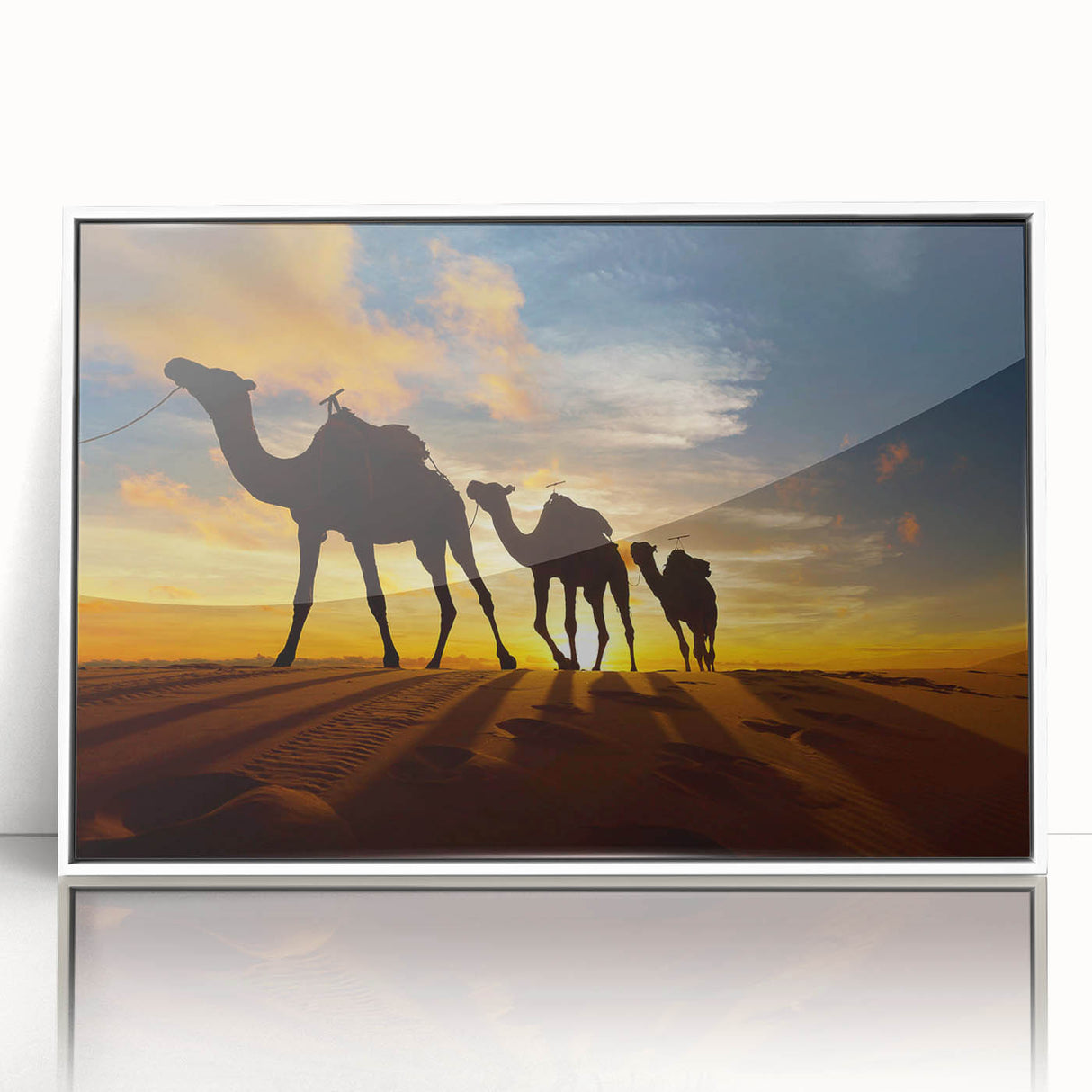 Large art print of an Algerian landscape in mid-century modernist style, featuring muted earth tones on framed acrylic.