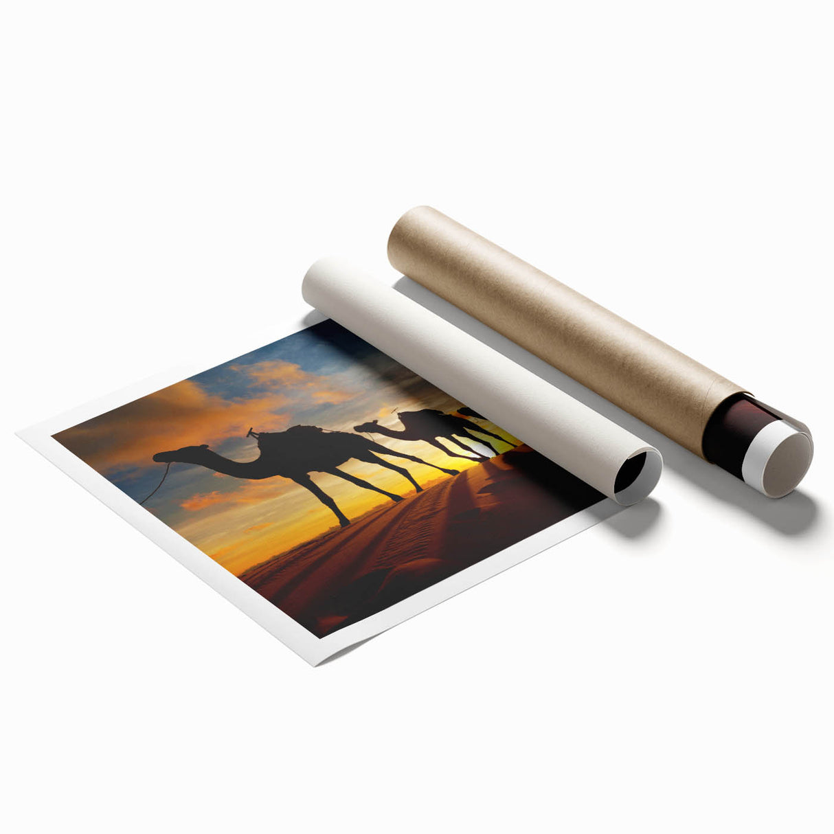Extra large rolled print depicting Algerian scenery with floral accents in soft earth tones.
