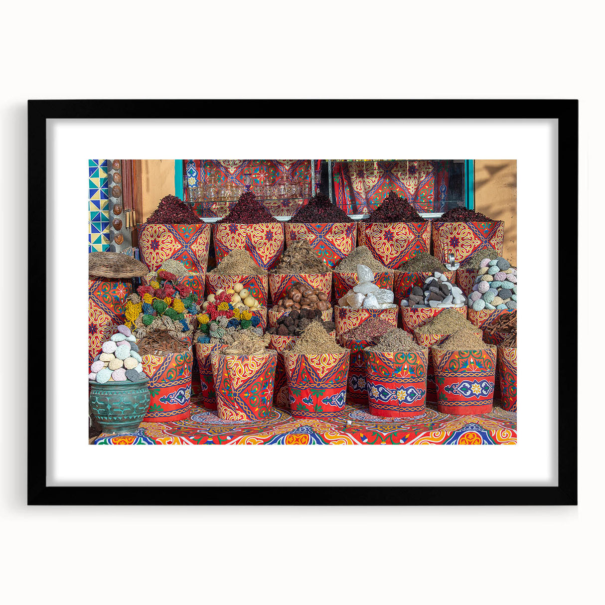 Extra large framed abstract art print depicting a colorful, textured Egyptian scenery, ideal for living room decor.
