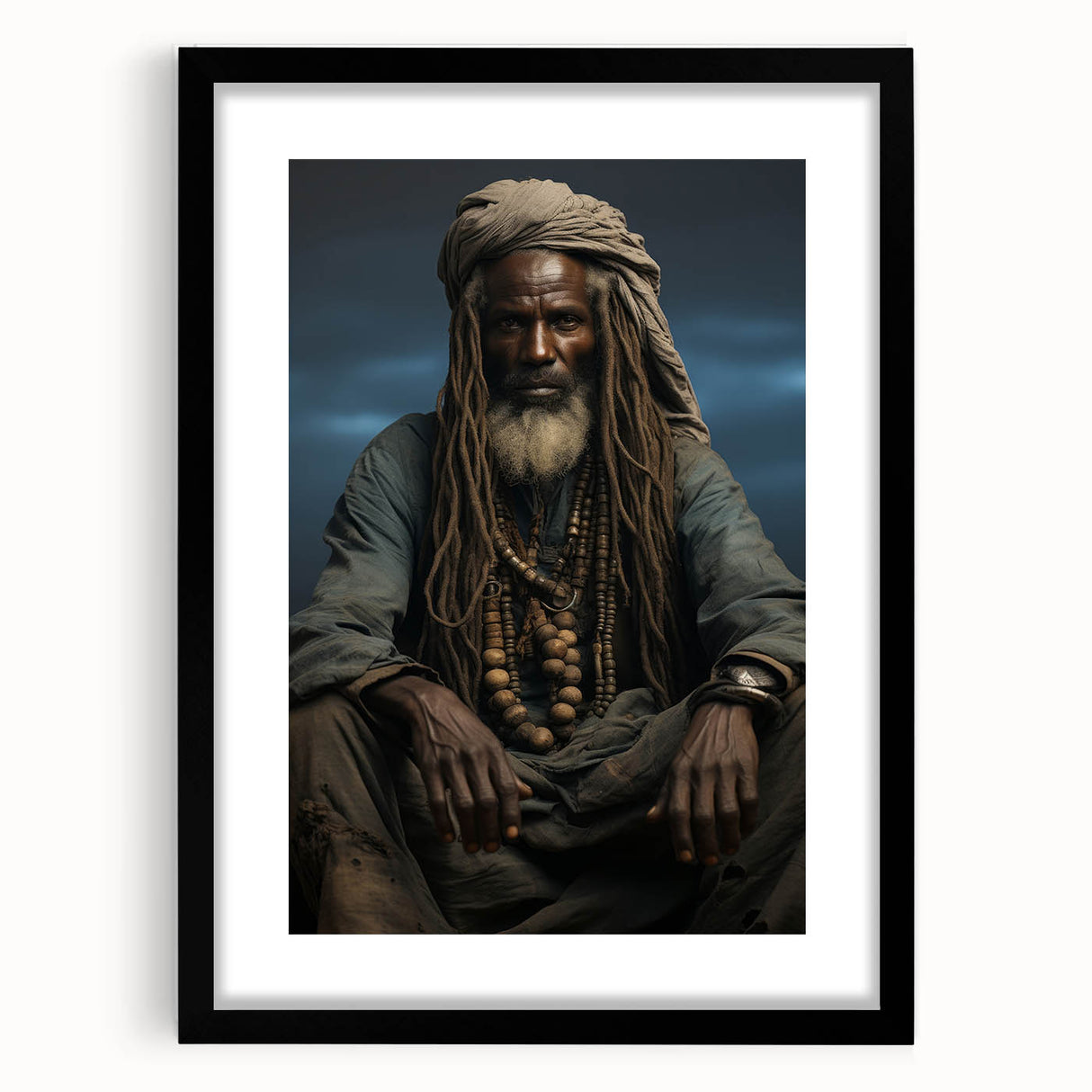 Extra large abstract art print of African scenery in vibrant colors on a textured canvas, framed in black.