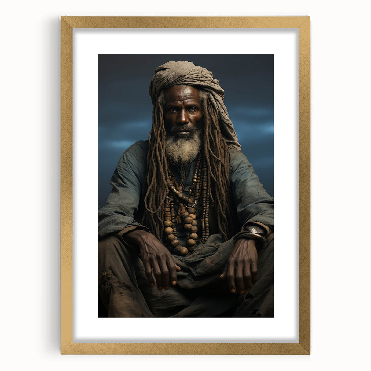 Textured abstract art print depicting a Mali scenery in gold frame, ideal for bedroom wall decor.
